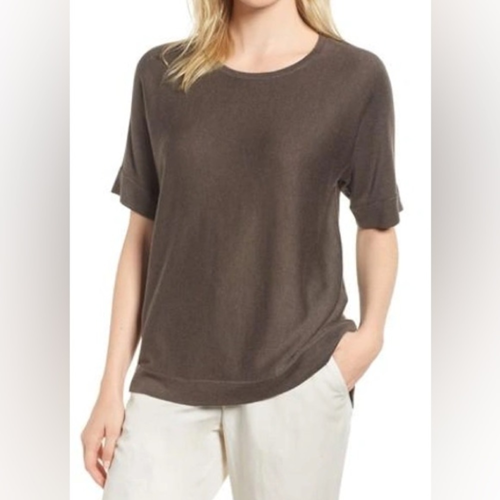 Eileen Fisher Tencel Short Sleeve Top in Dark Brown Size Small NWOT